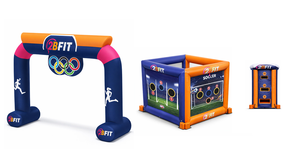 Move2BFIT professional sports inflatables — Start Finish Arch, Game Cube and Disc Golf tower